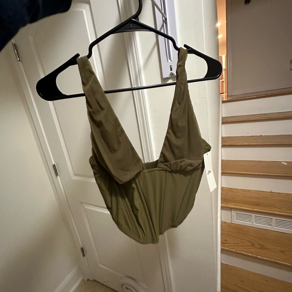 Urban Outfitters Stitched Mesh Corset Top - olive